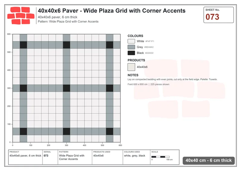 Interlock (Pasco) 40x40 cm · SQ44-73 · Wide Plaza Grid with Corner Accents · Laying plan Interlock (Pasco) 40x40 cm · SQ44-73 · Wide Plaza Grid with Corner Accents · Laying plan