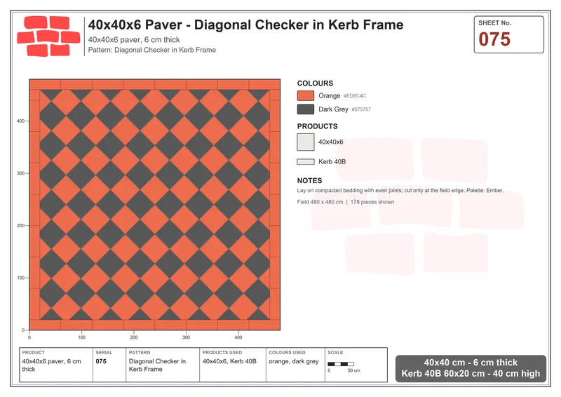 Interlock (Pasco) 40x40 cm · SQ44-75 · Diagonal Checker in Kerb Frame · Laying plan Interlock (Pasco) 40x40 cm · SQ44-75 · Diagonal Checker in Kerb Frame · Laying plan