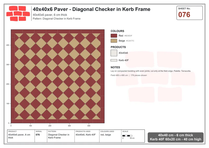 Interlock (Pasco) 40x40 cm · SQ44-76 · Diagonal Checker in Kerb Frame · Laying plan Interlock (Pasco) 40x40 cm · SQ44-76 · Diagonal Checker in Kerb Frame · Laying plan