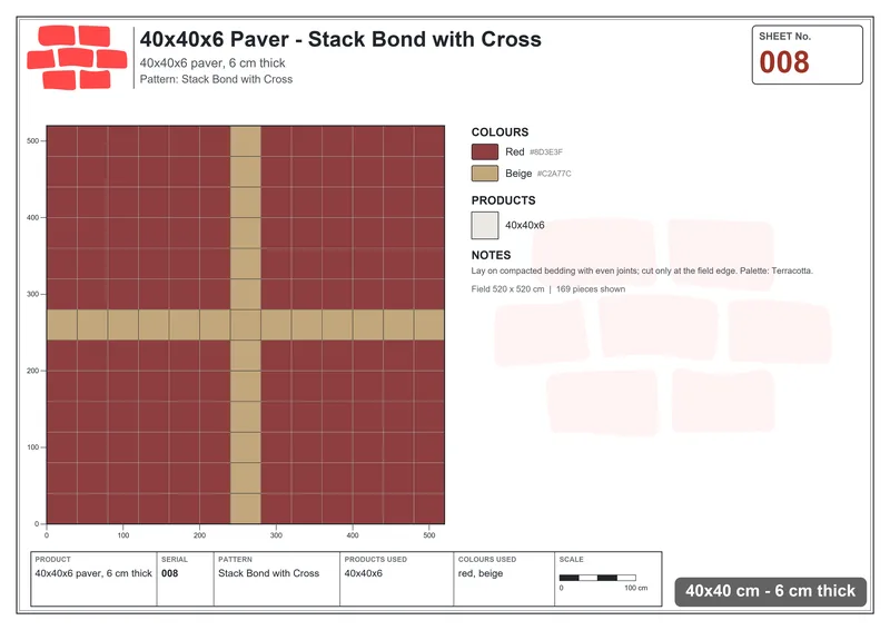 Interlock (Pasco) 40x40 cm · SQ44-8 · Stack Bond with Cross · Laying plan Interlock (Pasco) 40x40 cm · SQ44-8 · Stack Bond with Cross · Laying plan