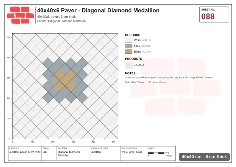 Interlock (Pasco) 40x40 cm · SQ44-88 · Diagonal Diamond Medallion · Laying plan Interlock (Pasco) 40x40 cm · SQ44-88 · Diagonal Diamond Medallion · Laying plan