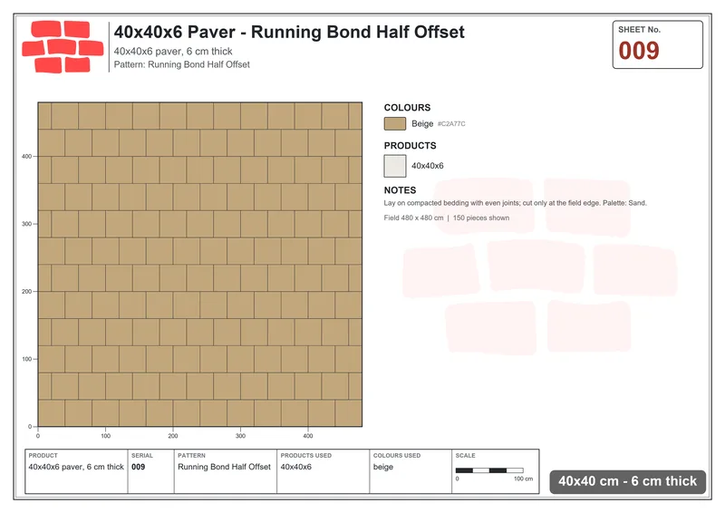 Interlock (Pasco) 40x40 cm · SQ44-9 · Running Bond Half Offset · Laying plan Interlock (Pasco) 40x40 cm · SQ44-9 · Running Bond Half Offset · Laying plan