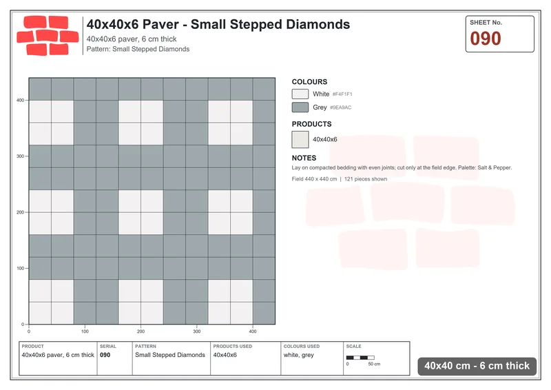 Interlock (Pasco) 40x40 cm · SQ44-90 · Small Stepped Diamonds · Laying plan Interlock (Pasco) 40x40 cm · SQ44-90 · Small Stepped Diamonds · Laying plan