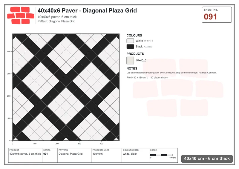 Interlock (Pasco) 40x40 cm · SQ44-91 · Diagonal Plaza Grid · Laying plan Interlock (Pasco) 40x40 cm · SQ44-91 · Diagonal Plaza Grid · Laying plan