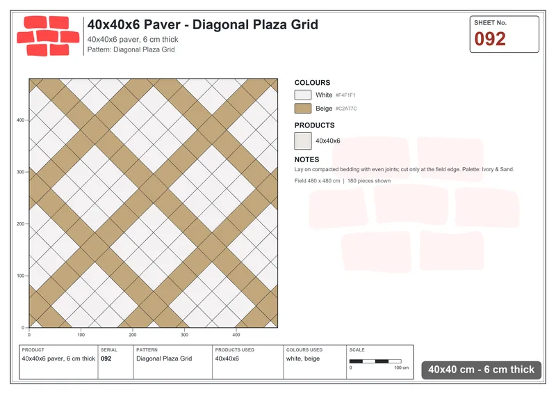 Interlock (Pasco) 40x40 cm · SQ44-92 · Diagonal Plaza Grid · Laying plan Interlock (Pasco) 40x40 cm · SQ44-92 · Diagonal Plaza Grid · Laying plan