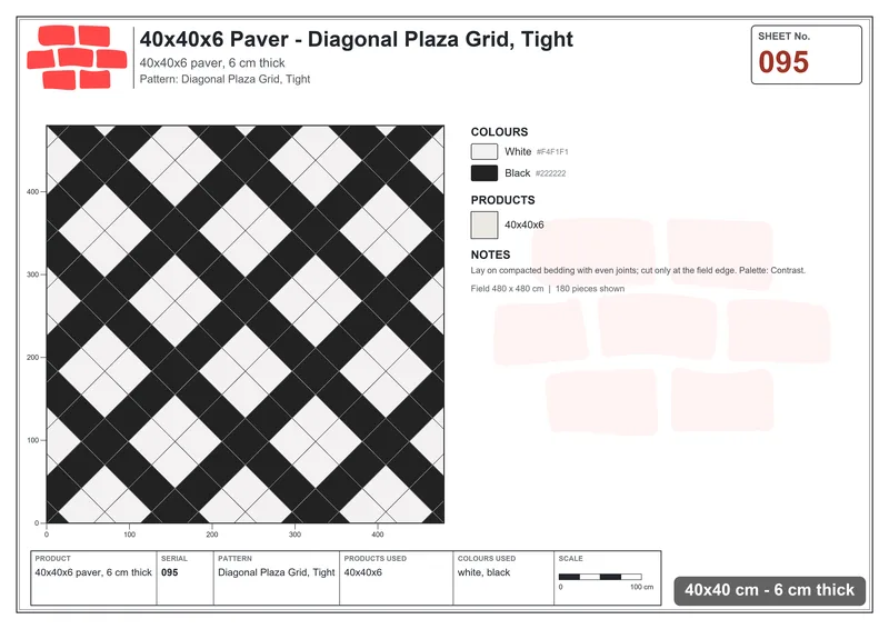 Interlock (Pasco) 40x40 cm · SQ44-95 · Diagonal Plaza Grid, Tight · Laying plan Interlock (Pasco) 40x40 cm · SQ44-95 · Diagonal Plaza Grid, Tight · Laying plan