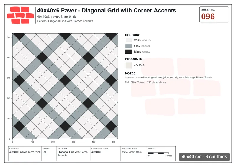Interlock (Pasco) 40x40 cm · SQ44-96 · Diagonal Grid with Corner Accents · Laying plan Interlock (Pasco) 40x40 cm · SQ44-96 · Diagonal Grid with Corner Accents · Laying plan