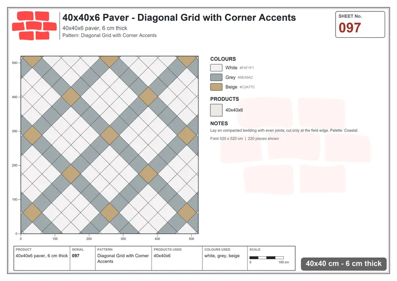 Interlock (Pasco) 40x40 cm · SQ44-97 · Diagonal Grid with Corner Accents · Laying plan Interlock (Pasco) 40x40 cm · SQ44-97 · Diagonal Grid with Corner Accents · Laying plan