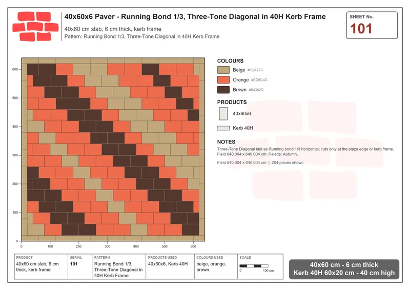 Interlock (Pasco) 40x60 cm · RC46-101 · Running Bond 1/3, Three-Tone Diagonal in 40H Kerb Frame · Laying plan Interlock (Pasco) 40x60 cm · RC46-101 · Running Bond 1/3, Three-Tone Diagonal in 40H Kerb Frame · Laying plan