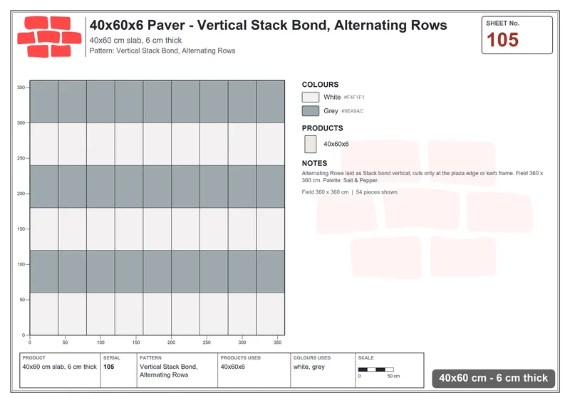 Interlock (Pasco) 40x60 cm · RC46-105 · Vertical Stack Bond, Alternating Rows · Laying plan Interlock (Pasco) 40x60 cm · RC46-105 · Vertical Stack Bond, Alternating Rows · Laying plan