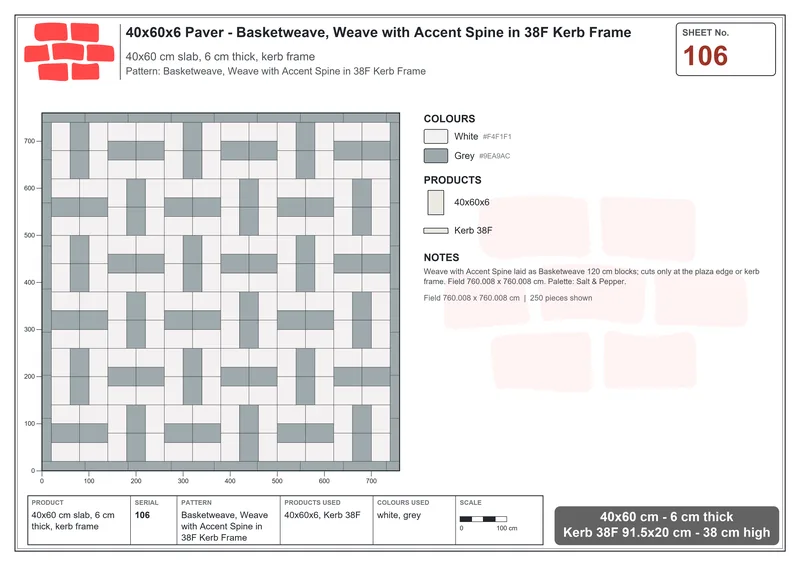 Interlock (Pasco) 40x60 cm · RC46-106 · Basketweave, Weave with Accent Spine in 38F Kerb Frame · Laying plan Interlock (Pasco) 40x60 cm · RC46-106 · Basketweave, Weave with Accent Spine in 38F Kerb Frame · Laying plan
