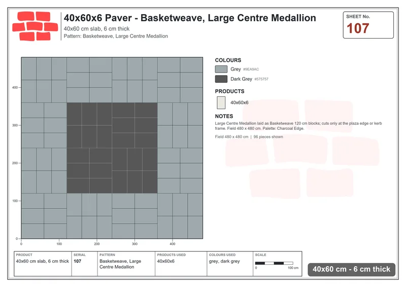 Interlock (Pasco) 40x60 cm · RC46-107 · Basketweave, Large Centre Medallion · Laying plan Interlock (Pasco) 40x60 cm · RC46-107 · Basketweave, Large Centre Medallion · Laying plan