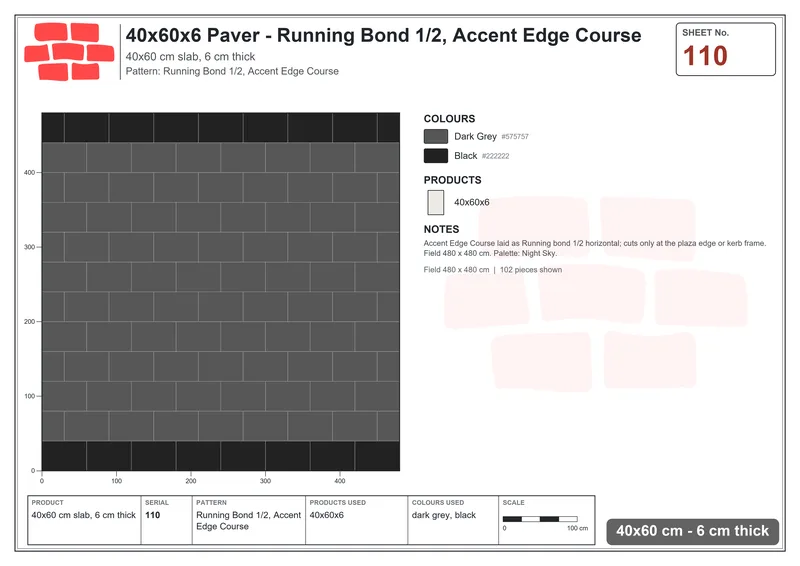 Interlock (Pasco) 40x60 cm · RC46-110 · Running Bond 1/2, Accent Edge Course · Laying plan Interlock (Pasco) 40x60 cm · RC46-110 · Running Bond 1/2, Accent Edge Course · Laying plan