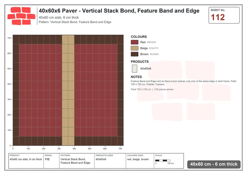Interlock (Pasco) 40x60 cm · RC46-112 · Vertical Stack Bond, Feature Band and Edge · Laying plan Interlock (Pasco) 40x60 cm · RC46-112 · Vertical Stack Bond, Feature Band and Edge · Laying plan