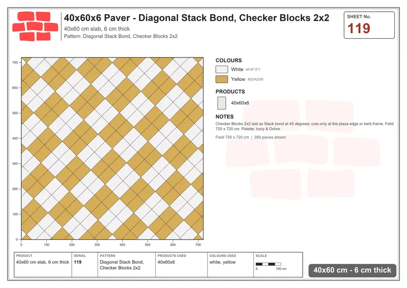 Interlock (Pasco) 40x60 cm · RC46-119 · Diagonal Stack Bond, Checker Blocks 2x2 · Laying plan Interlock (Pasco) 40x60 cm · RC46-119 · Diagonal Stack Bond, Checker Blocks 2x2 · Laying plan