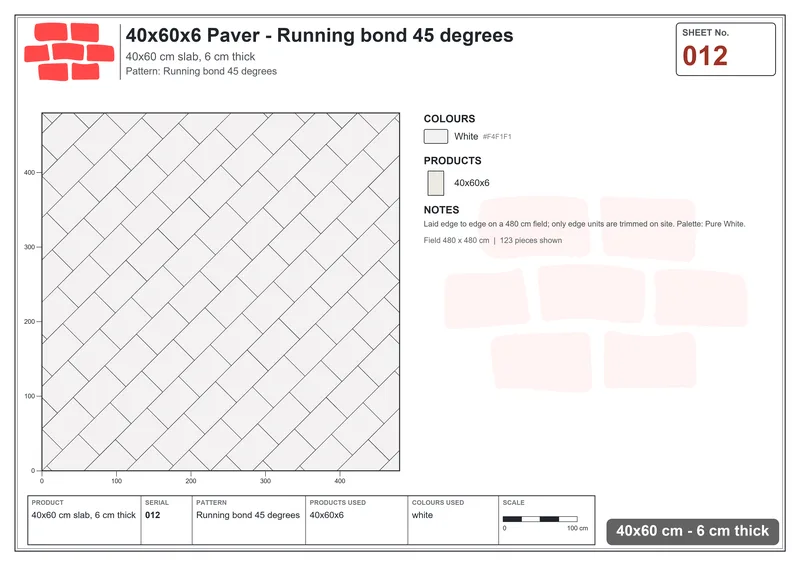 Interlock (Pasco) 40x60 cm · RC46-12 · Running bond 45 degrees · Laying plan Interlock (Pasco) 40x60 cm · RC46-12 · Running bond 45 degrees · Laying plan