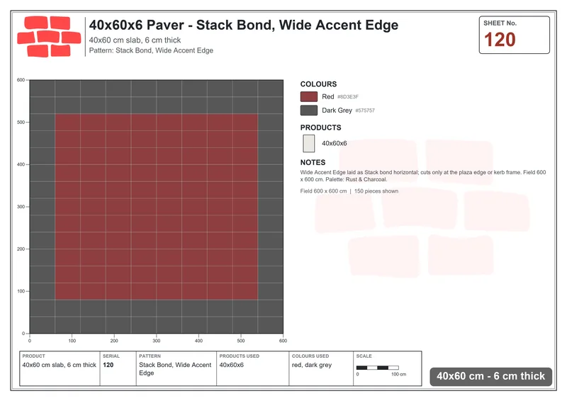Interlock (Pasco) 40x60 cm · RC46-120 · Stack Bond, Wide Accent Edge · Laying plan Interlock (Pasco) 40x60 cm · RC46-120 · Stack Bond, Wide Accent Edge · Laying plan