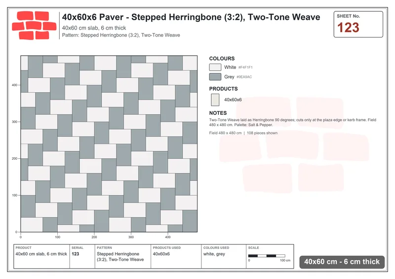 Interlock (Pasco) 40x60 cm · RC46-123 · Stepped Herringbone (3:2), Two-Tone Weave · Laying plan Interlock (Pasco) 40x60 cm · RC46-123 · Stepped Herringbone (3:2), Two-Tone Weave · Laying plan