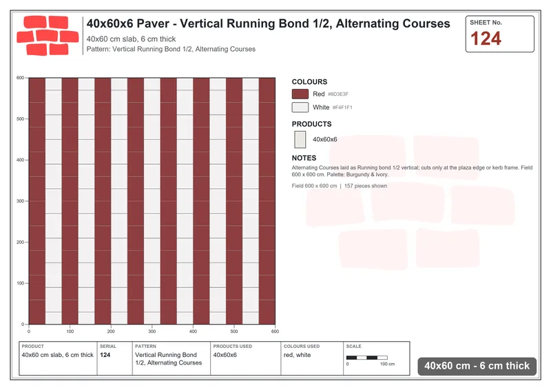 Interlock (Pasco) 40x60 cm · RC46-124 · Vertical Running Bond 1/2, Alternating Courses · Laying plan Interlock (Pasco) 40x60 cm · RC46-124 · Vertical Running Bond 1/2, Alternating Courses · Laying plan