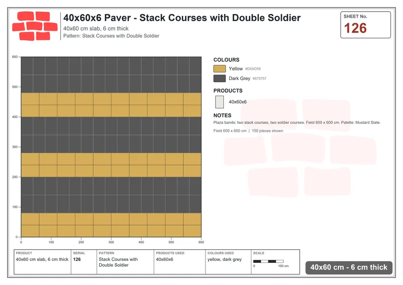 Interlock (Pasco) 40x60 cm · RC46-126 · Stack Courses with Double Soldier · Laying plan Interlock (Pasco) 40x60 cm · RC46-126 · Stack Courses with Double Soldier · Laying plan