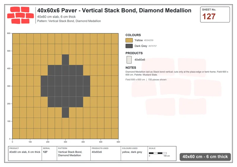 Interlock (Pasco) 40x60 cm · RC46-127 · Vertical Stack Bond, Diamond Medallion · Laying plan Interlock (Pasco) 40x60 cm · RC46-127 · Vertical Stack Bond, Diamond Medallion · Laying plan