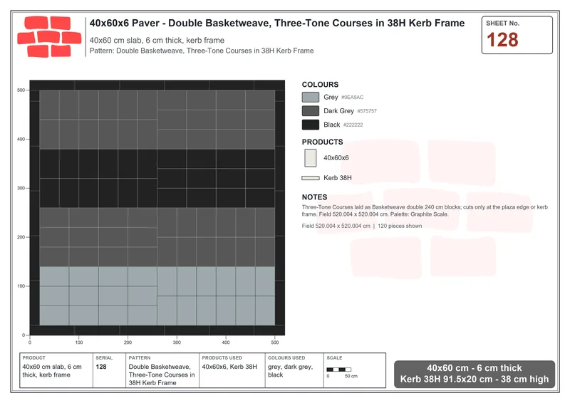 Interlock (Pasco) 40x60 cm · RC46-128 · Double Basketweave, Three-Tone Courses in 38H Kerb Frame · Laying plan Interlock (Pasco) 40x60 cm · RC46-128 · Double Basketweave, Three-Tone Courses in 38H Kerb Frame · Laying plan