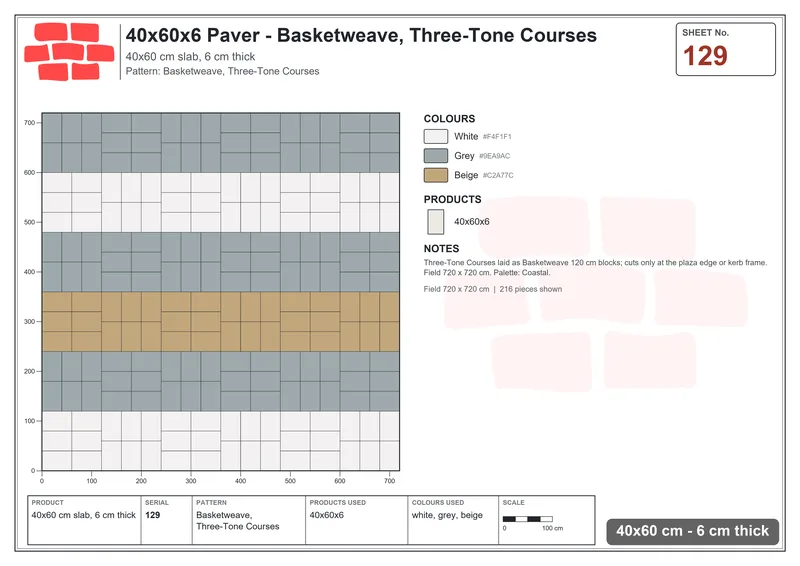Interlock (Pasco) 40x60 cm · RC46-129 · Basketweave, Three-Tone Courses · Laying plan Interlock (Pasco) 40x60 cm · RC46-129 · Basketweave, Three-Tone Courses · Laying plan
