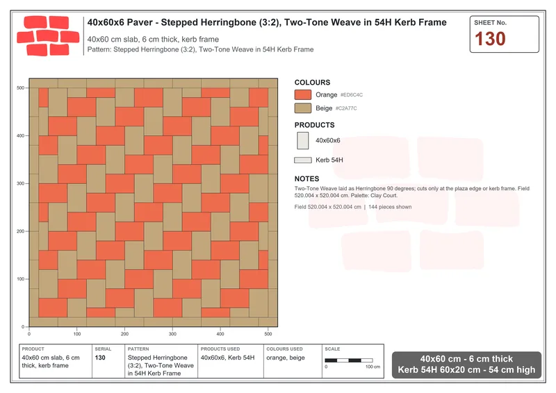 Interlock (Pasco) 40x60 cm · RC46-130 · Stepped Herringbone (3:2), Two-Tone Weave in 54H Kerb Frame · Laying plan Interlock (Pasco) 40x60 cm · RC46-130 · Stepped Herringbone (3:2), Two-Tone Weave in 54H Kerb Frame · Laying plan