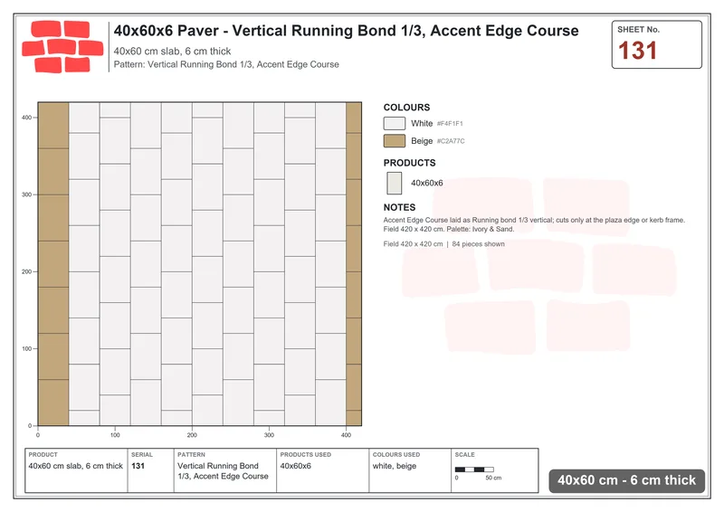 Interlock (Pasco) 40x60 cm · RC46-131 · Vertical Running Bond 1/3, Accent Edge Course · Laying plan Interlock (Pasco) 40x60 cm · RC46-131 · Vertical Running Bond 1/3, Accent Edge Course · Laying plan