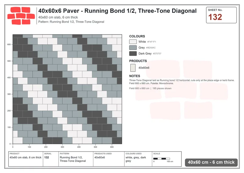Interlock (Pasco) 40x60 cm · RC46-132 · Running Bond 1/2, Three-Tone Diagonal · Laying plan Interlock (Pasco) 40x60 cm · RC46-132 · Running Bond 1/2, Three-Tone Diagonal · Laying plan