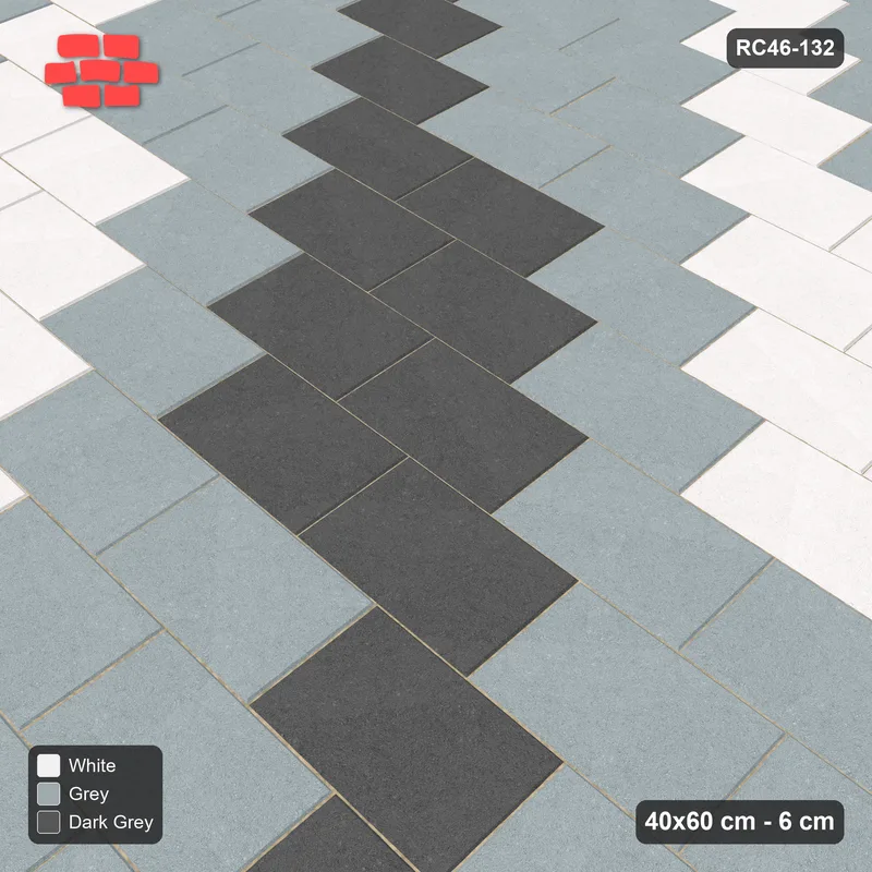 Interlock (Pasco) 40x60 cm · RC46-132 · Running Bond 1/2, Three-Tone Diagonal · Side view Interlock (Pasco) 40x60 cm · RC46-132 · Running Bond 1/2, Three-Tone Diagonal · Side view