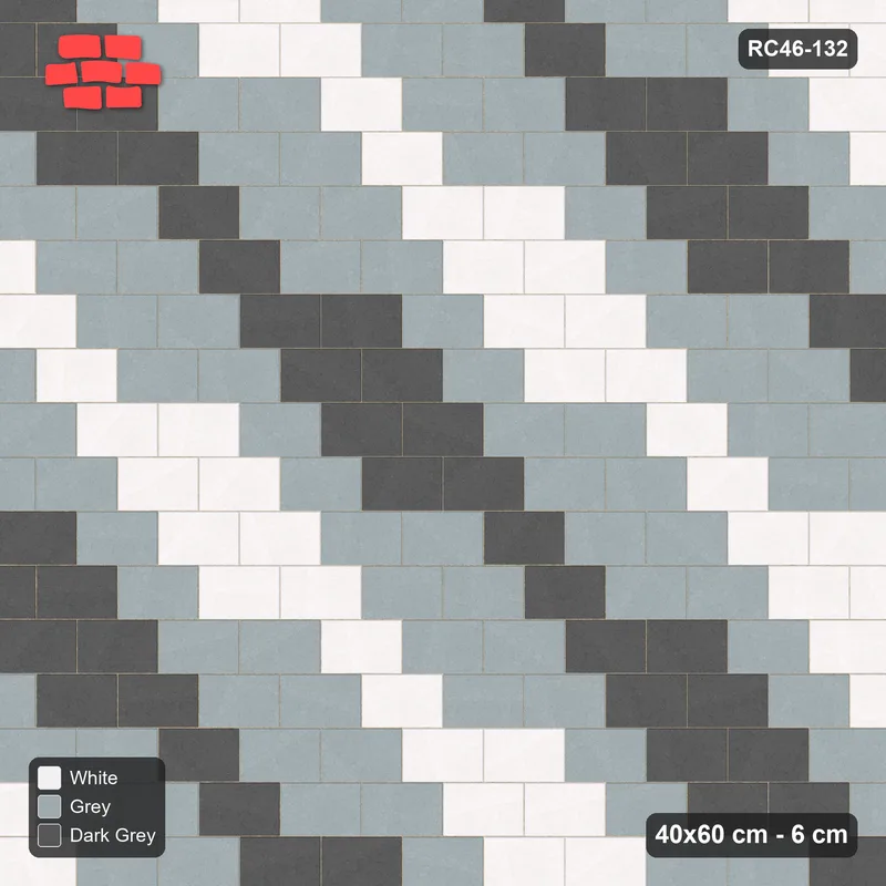 Interlock (Pasco) 40x60 cm · RC46-132 · Running Bond 1/2, Three-Tone Diagonal · Top view Interlock (Pasco) 40x60 cm · RC46-132 · Running Bond 1/2, Three-Tone Diagonal · Top view
