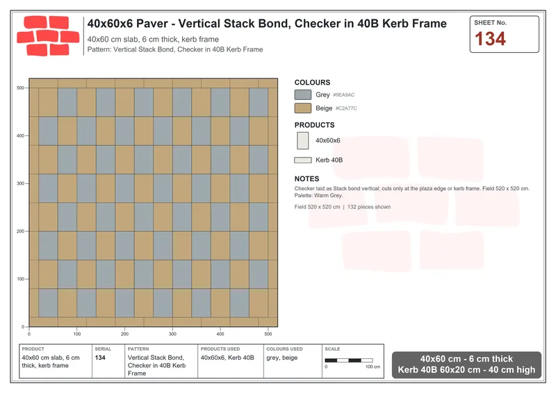 Interlock (Pasco) 40x60 cm · RC46-134 · Vertical Stack Bond, Checker in 40B Kerb Frame · Laying plan Interlock (Pasco) 40x60 cm · RC46-134 · Vertical Stack Bond, Checker in 40B Kerb Frame · Laying plan