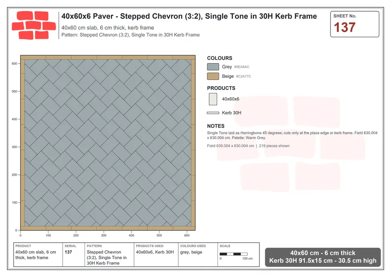 Interlock (Pasco) 40x60 cm · RC46-137 · Stepped Chevron (3:2), Single Tone in 30H Kerb Frame · Laying plan Interlock (Pasco) 40x60 cm · RC46-137 · Stepped Chevron (3:2), Single Tone in 30H Kerb Frame · Laying plan