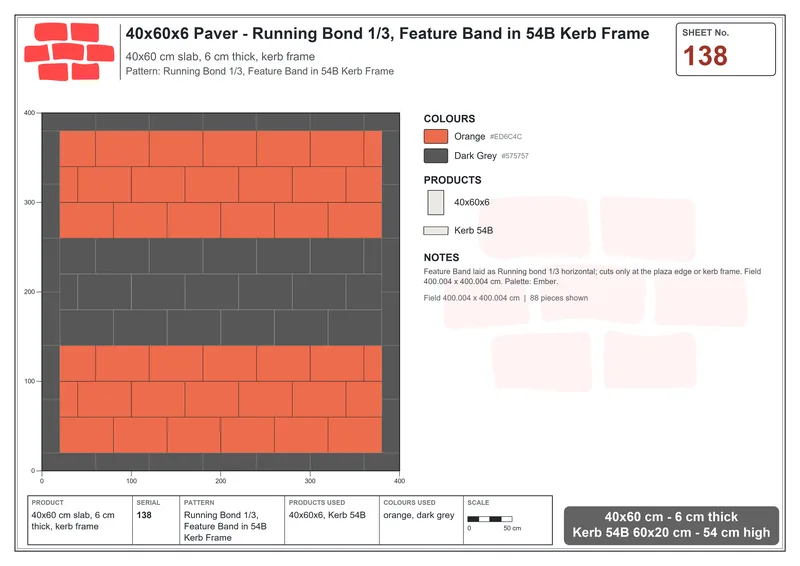 Interlock (Pasco) 40x60 cm · RC46-138 · Running Bond 1/3, Feature Band in 54B Kerb Frame · Laying plan Interlock (Pasco) 40x60 cm · RC46-138 · Running Bond 1/3, Feature Band in 54B Kerb Frame · Laying plan