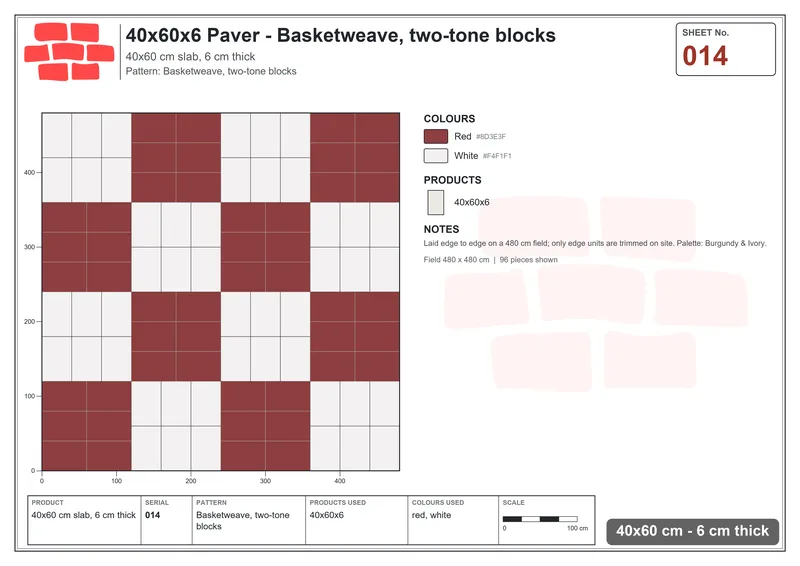Interlock (Pasco) 40x60 cm · RC46-14 · Basketweave, two-tone blocks · Laying plan Interlock (Pasco) 40x60 cm · RC46-14 · Basketweave, two-tone blocks · Laying plan