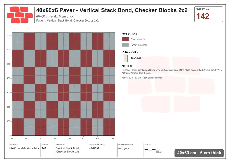 Interlock (Pasco) 40x60 cm · RC46-142 · Vertical Stack Bond, Checker Blocks 2x2 · Laying plan Interlock (Pasco) 40x60 cm · RC46-142 · Vertical Stack Bond, Checker Blocks 2x2 · Laying plan