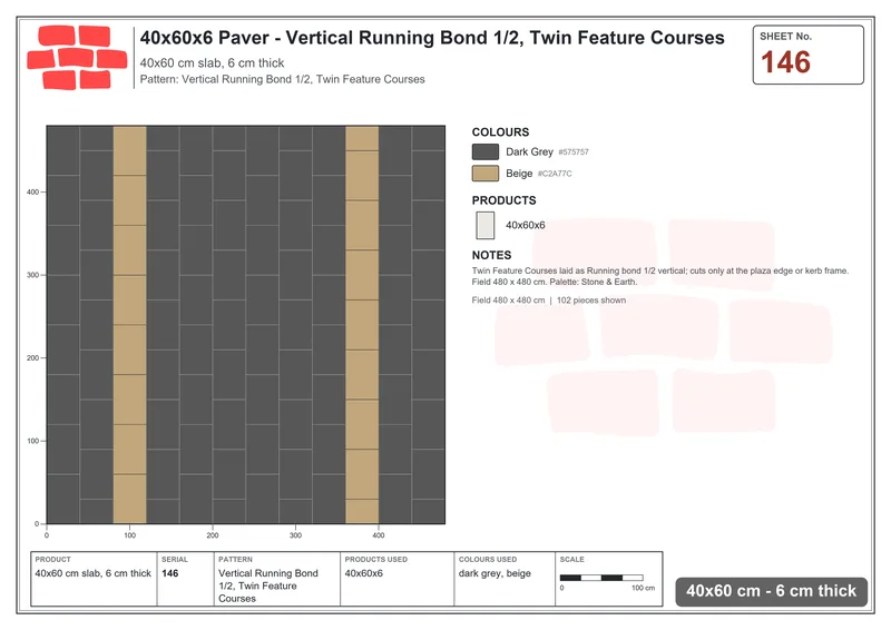 Interlock (Pasco) 40x60 cm · RC46-146 · Vertical Running Bond 1/2, Twin Feature Courses · Laying plan Interlock (Pasco) 40x60 cm · RC46-146 · Vertical Running Bond 1/2, Twin Feature Courses · Laying plan
