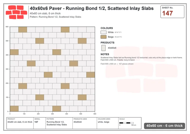 Interlock (Pasco) 40x60 cm · RC46-147 · Running Bond 1/2, Scattered Inlay Slabs · Laying plan Interlock (Pasco) 40x60 cm · RC46-147 · Running Bond 1/2, Scattered Inlay Slabs · Laying plan