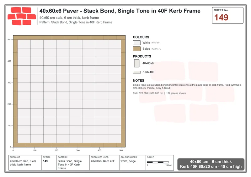 Interlock (Pasco) 40x60 cm · RC46-149 · Stack Bond, Single Tone in 40F Kerb Frame · Laying plan Interlock (Pasco) 40x60 cm · RC46-149 · Stack Bond, Single Tone in 40F Kerb Frame · Laying plan