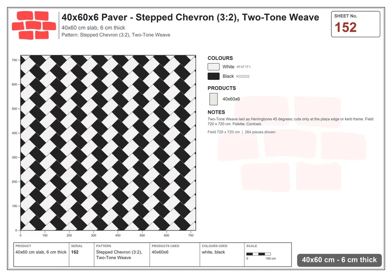 Interlock (Pasco) 40x60 cm · RC46-152 · Stepped Chevron (3:2), Two-Tone Weave · Laying plan Interlock (Pasco) 40x60 cm · RC46-152 · Stepped Chevron (3:2), Two-Tone Weave · Laying plan