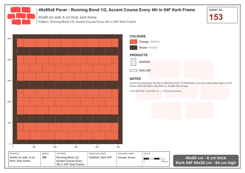 Interlock (Pasco) 40x60 cm · RC46-153 · Running Bond 1/2, Accent Course Every 4th in 54F Kerb Frame · Laying plan Interlock (Pasco) 40x60 cm · RC46-153 · Running Bond 1/2, Accent Course Every 4th in 54F Kerb Frame · Laying plan