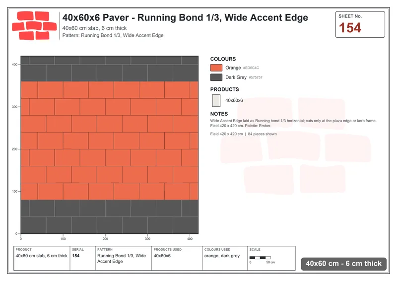 Interlock (Pasco) 40x60 cm · RC46-154 · Running Bond 1/3, Wide Accent Edge · Laying plan Interlock (Pasco) 40x60 cm · RC46-154 · Running Bond 1/3, Wide Accent Edge · Laying plan