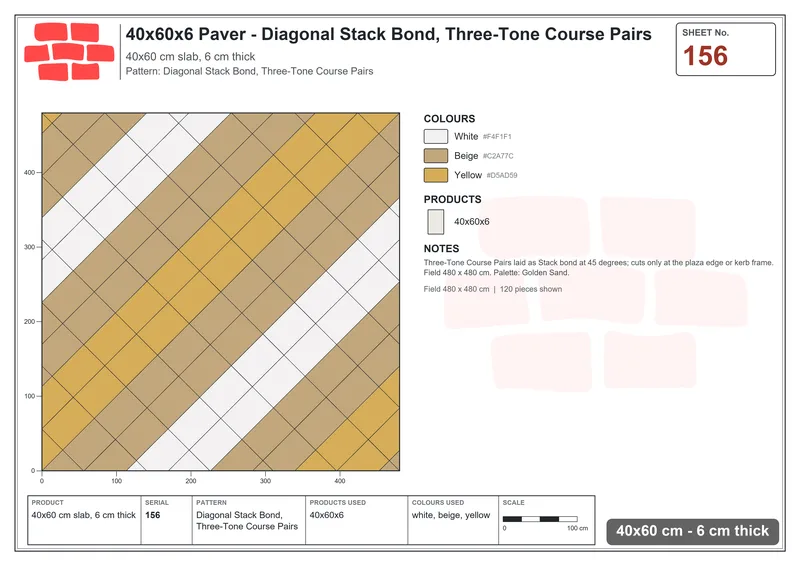 Interlock (Pasco) 40x60 cm · RC46-156 · Diagonal Stack Bond, Three-Tone Course Pairs · Laying plan Interlock (Pasco) 40x60 cm · RC46-156 · Diagonal Stack Bond, Three-Tone Course Pairs · Laying plan