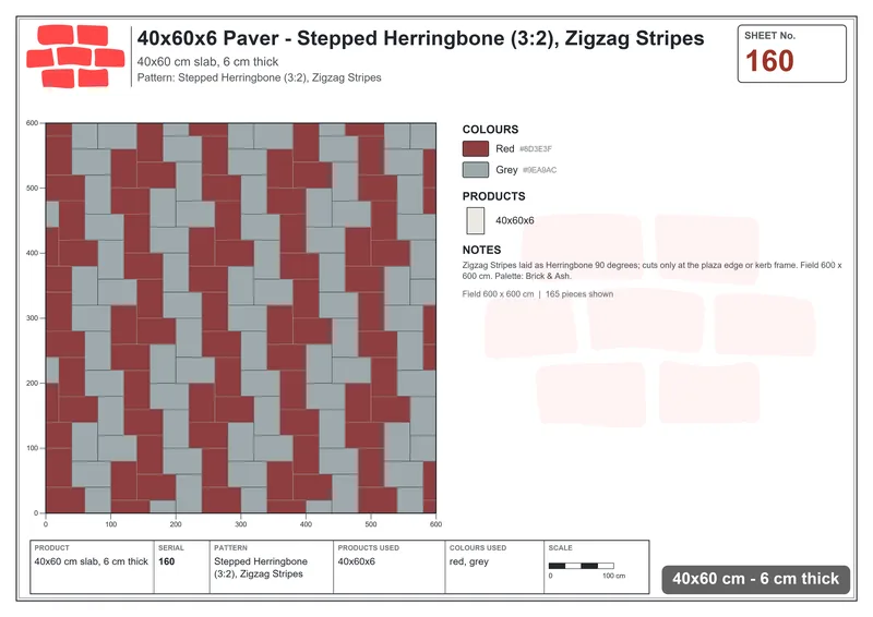 Interlock (Pasco) 40x60 cm · RC46-160 · Stepped Herringbone (3:2), Zigzag Stripes · Laying plan Interlock (Pasco) 40x60 cm · RC46-160 · Stepped Herringbone (3:2), Zigzag Stripes · Laying plan