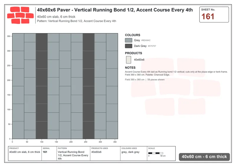Interlock (Pasco) 40x60 cm · RC46-161 · Vertical Running Bond 1/2, Accent Course Every 4th · Laying plan Interlock (Pasco) 40x60 cm · RC46-161 · Vertical Running Bond 1/2, Accent Course Every 4th · Laying plan