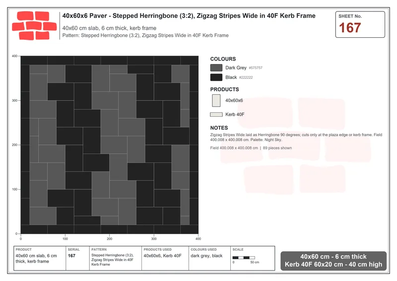 Interlock (Pasco) 40x60 cm · RC46-167 · Stepped Herringbone (3:2), Zigzag Stripes Wide in 40F Kerb Frame · Laying plan Interlock (Pasco) 40x60 cm · RC46-167 · Stepped Herringbone (3:2), Zigzag Stripes Wide in 40F Kerb Frame · Laying plan