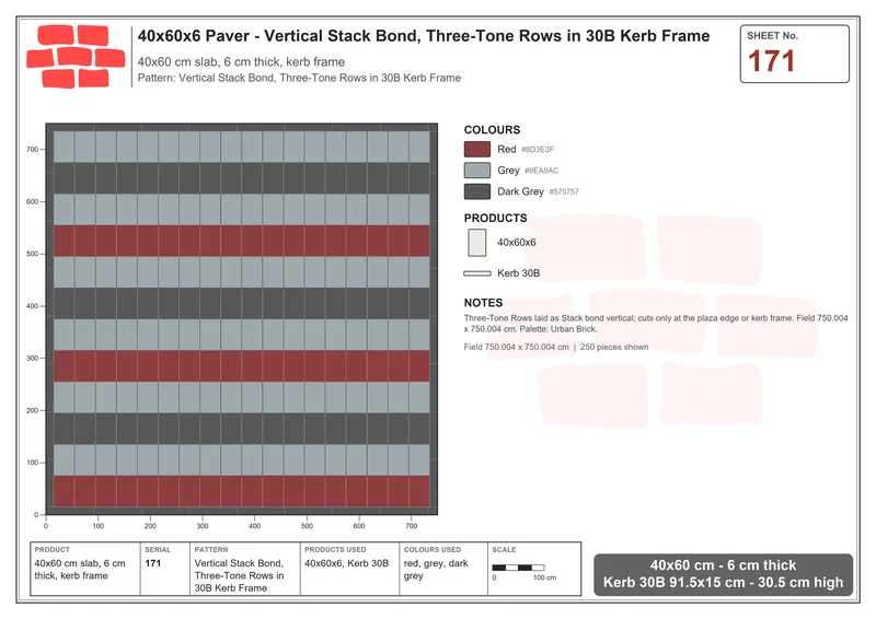 Interlock (Pasco) 40x60 cm · RC46-171 · Vertical Stack Bond, Three-Tone Rows in 30B Kerb Frame · Laying plan Interlock (Pasco) 40x60 cm · RC46-171 · Vertical Stack Bond, Three-Tone Rows in 30B Kerb Frame · Laying plan