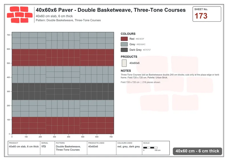 Interlock (Pasco) 40x60 cm · RC46-173 · Double Basketweave, Three-Tone Courses · Laying plan Interlock (Pasco) 40x60 cm · RC46-173 · Double Basketweave, Three-Tone Courses · Laying plan