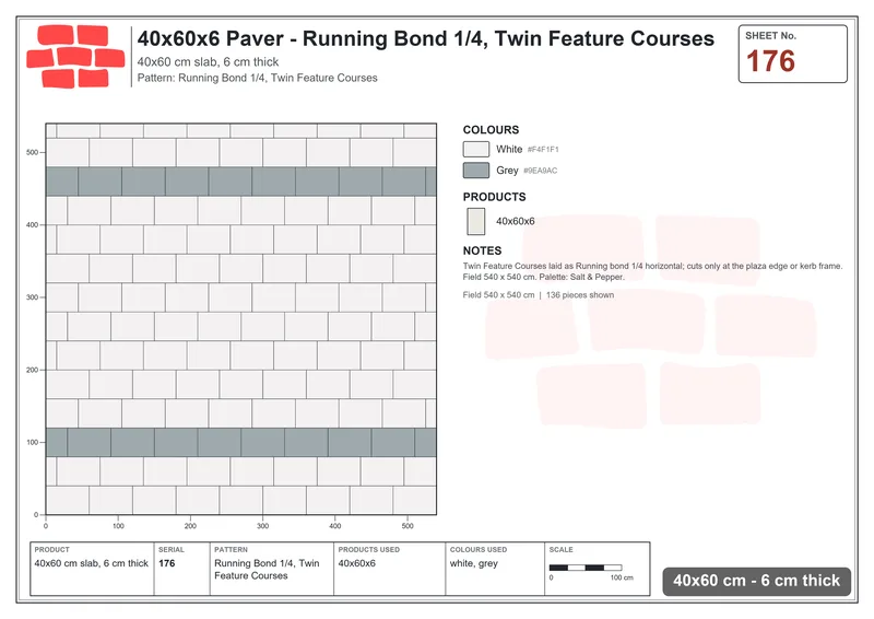 Interlock (Pasco) 40x60 cm · RC46-176 · Running Bond 1/4, Twin Feature Courses · Laying plan Interlock (Pasco) 40x60 cm · RC46-176 · Running Bond 1/4, Twin Feature Courses · Laying plan